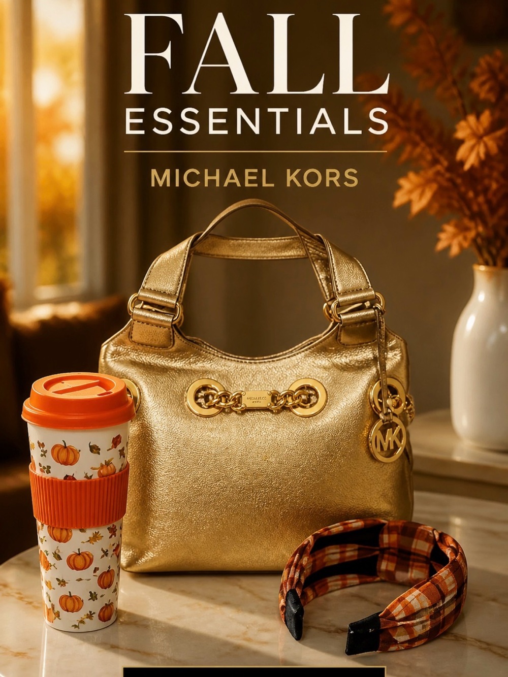 Michael Kors Metallic Gold Leather Shoulder Bag with accessories